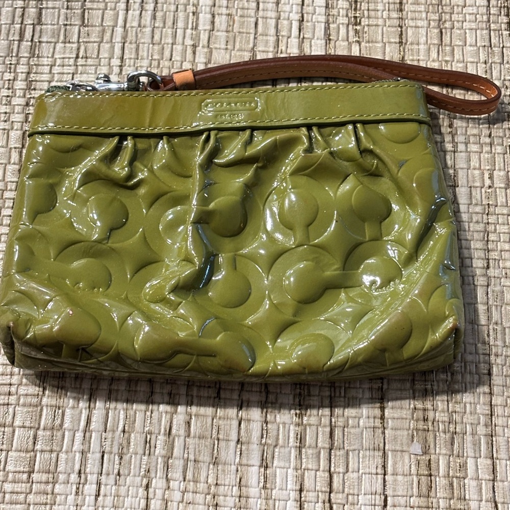 Coach Glossy Green Wristlet with Tan Strap